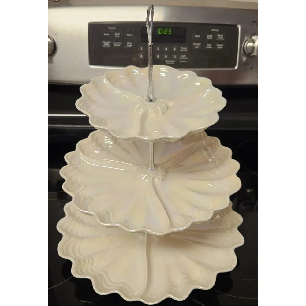 Vintage Maddux Of California Opalescent Cream & Silver 3 Tier Serving Tray READ